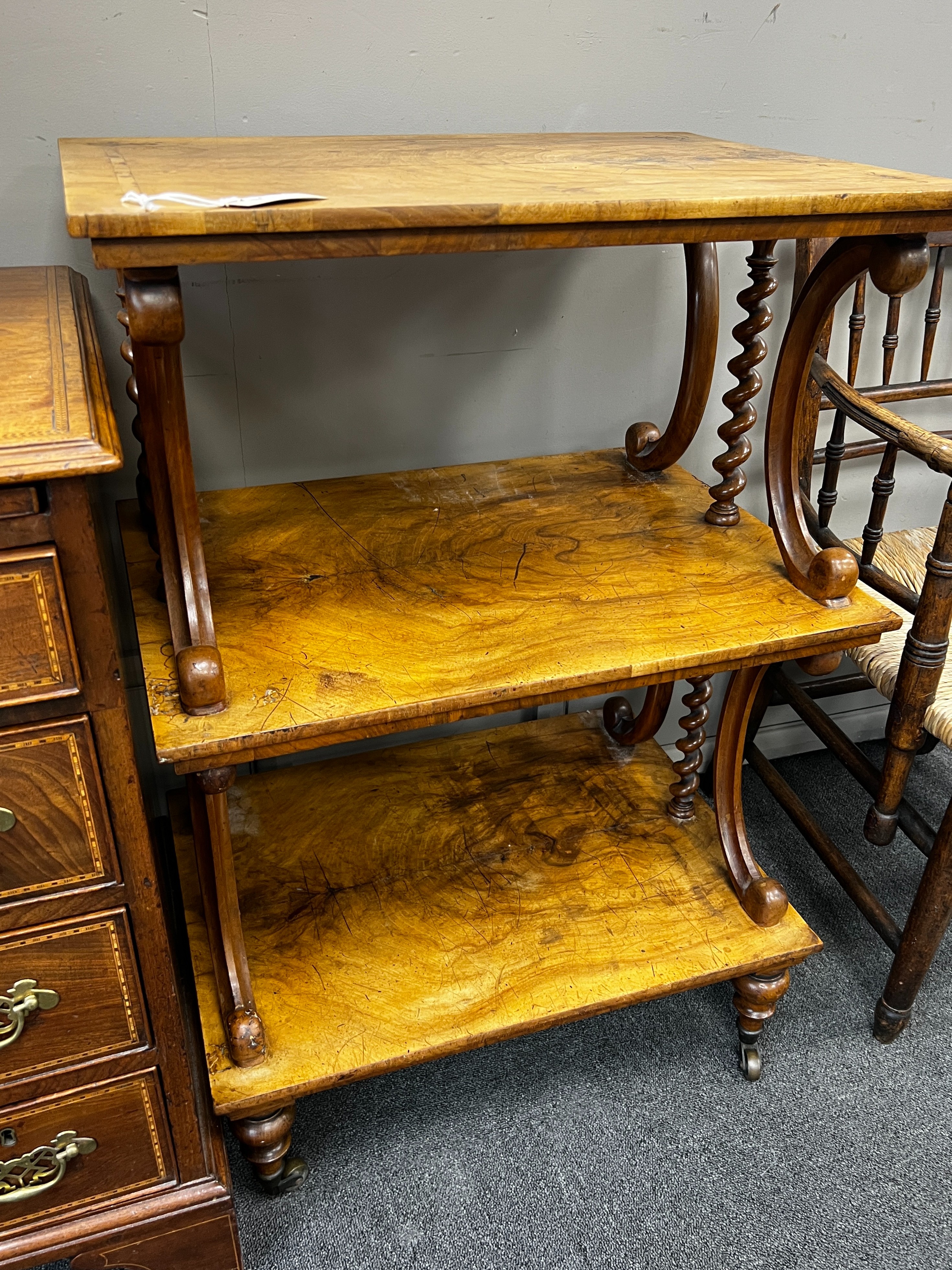 A Victorian rectangular walnut three tier whatnot, lacks superstructure, width 60cm, depth 45cm, height 89cm